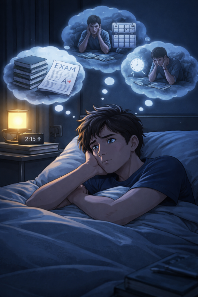 student overthinking at night unable to sleep due to stress